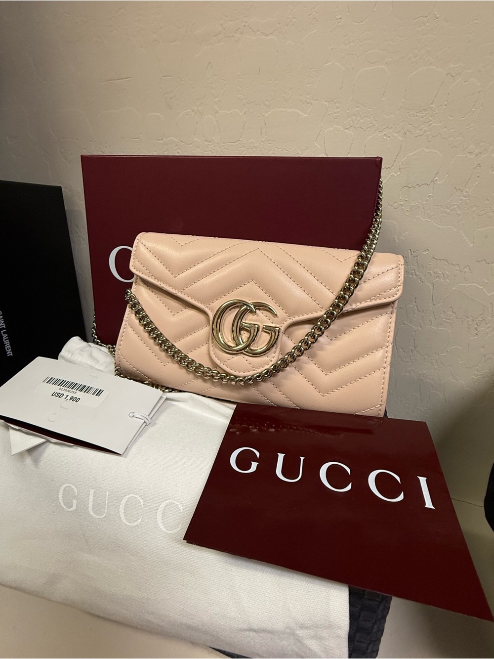 Gucci Blush Quilted GG Shoulder Bag with Gold Chain